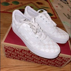 All white checkered Vans
